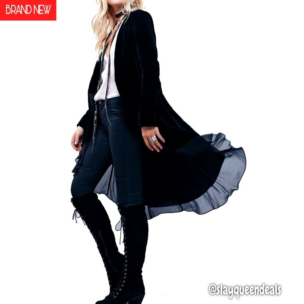 Velvet Blazer with Ruffles, Asymmetric Hem, Long Sleeve, Cardigan Style